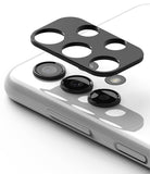 Galaxy A13 4G(LTE) | Camera Styling - A black protective camera lens cover hovering above the white smartphone's rear lenses.