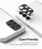 Galaxy A13 4G(LTE) | Camera Styling - Black camera lens protector being applied to a clear-cased Galaxy A13 smartphone.
