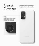 Galaxy A13 4G(LTE) | Camera Styling - White phone with a black camera cover, showing fitment details for Ringke cases.