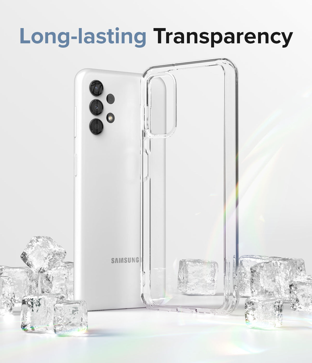 Galaxy A13 4G (LTE) Case | Fusion - Clear phone case next to a white Samsung Galaxy A13 surrounded by ice cubes.