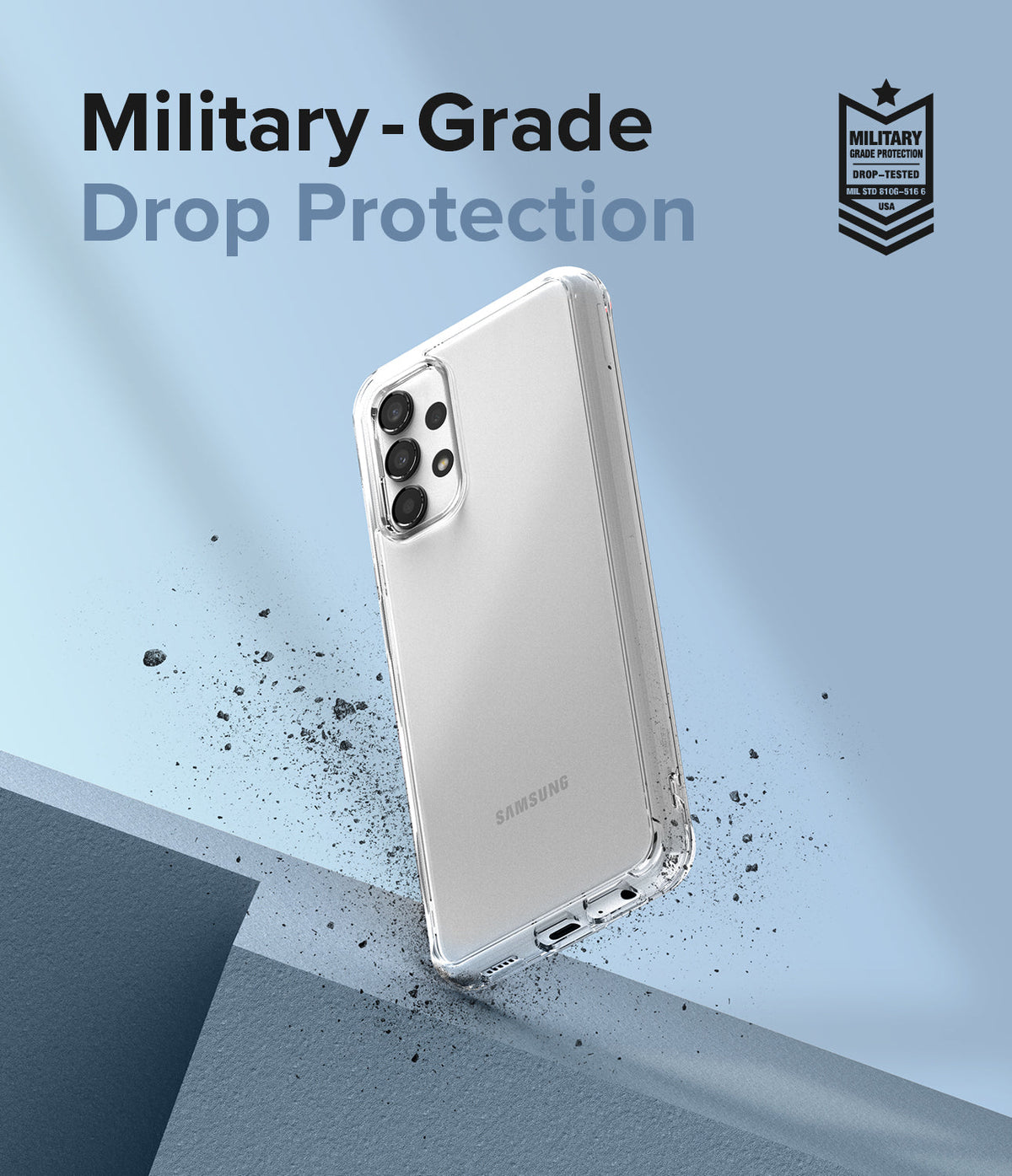 Galaxy A13 4G (LTE) Case | Fusion - Clear phone case on a Samsung Galaxy A13 with military-grade drop protection text and badge.