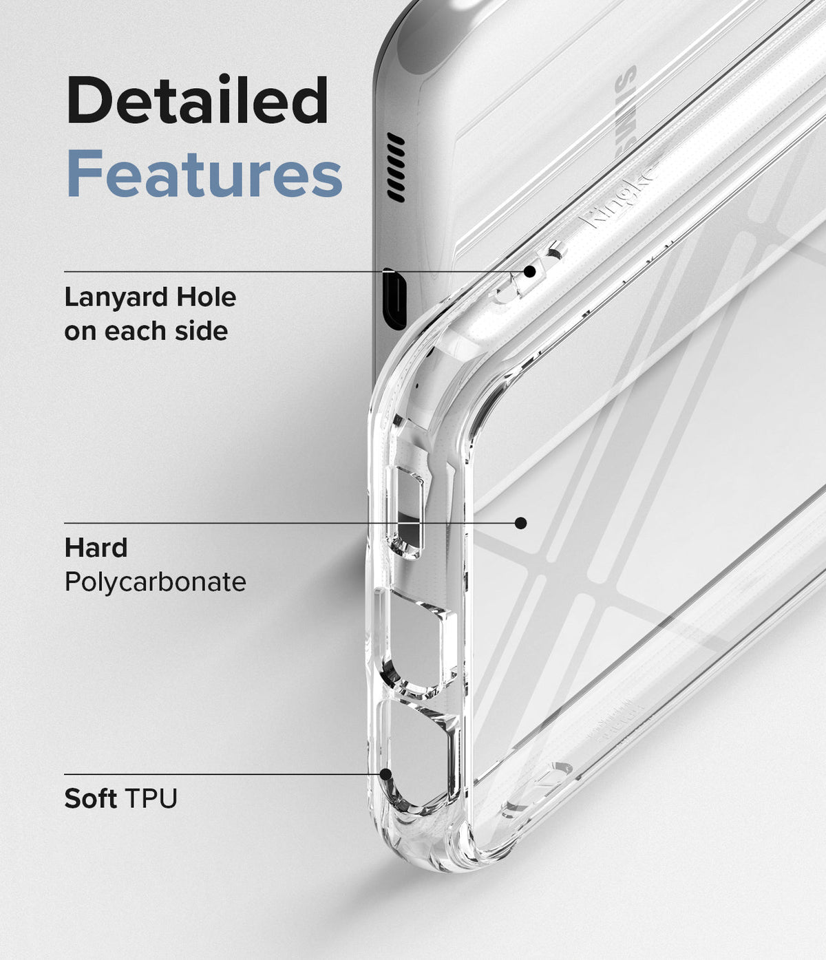 Galaxy A13 4G (LTE) Case | Fusion - Close-up of clear phone case highlighting lanyard holes, polycarbonate back, and TPU frame.