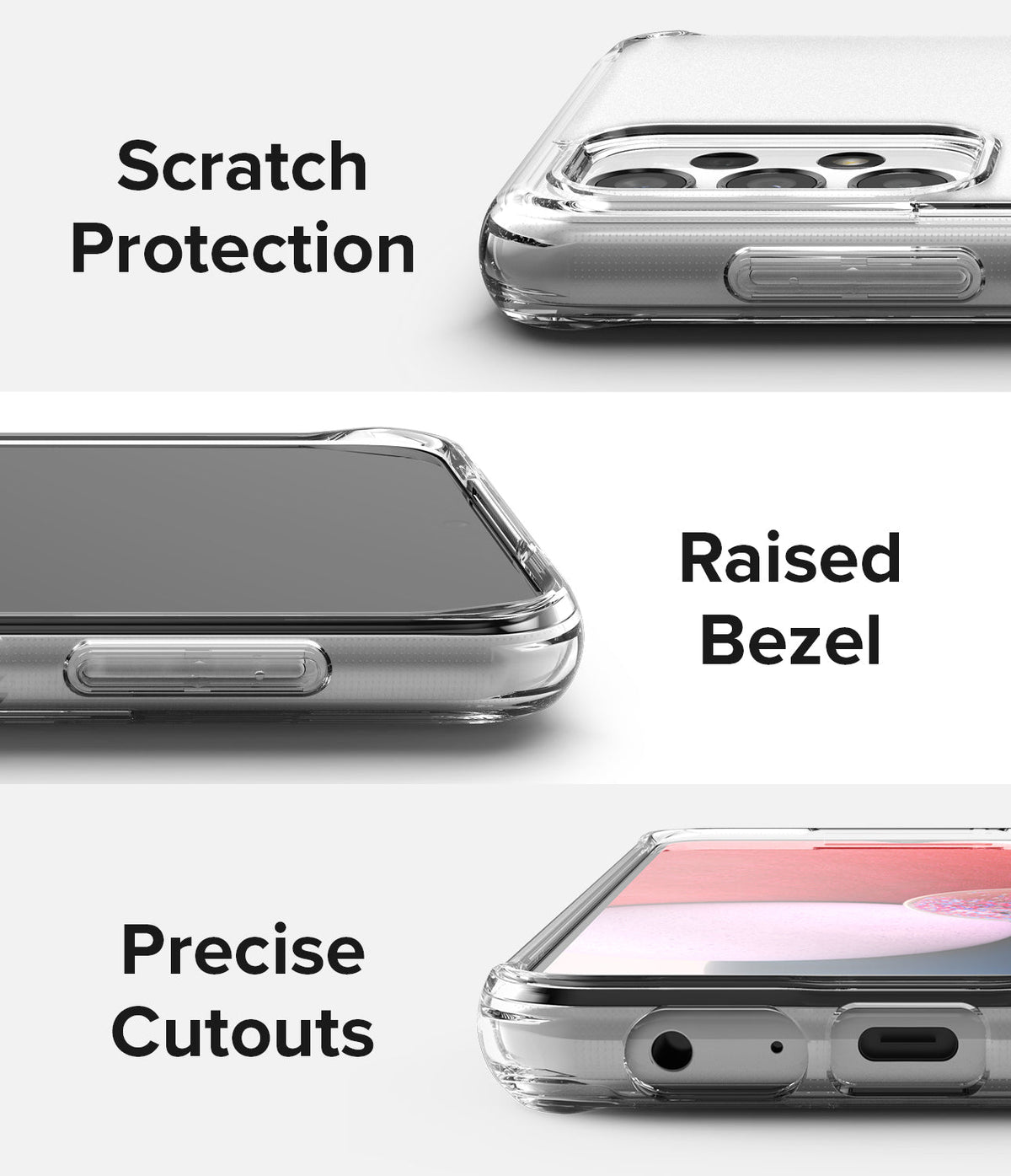 Galaxy A13 4G (LTE) Case | Fusion - Close-up views of clear phone case showing camera protection, raised screen bezel, and port cutouts.