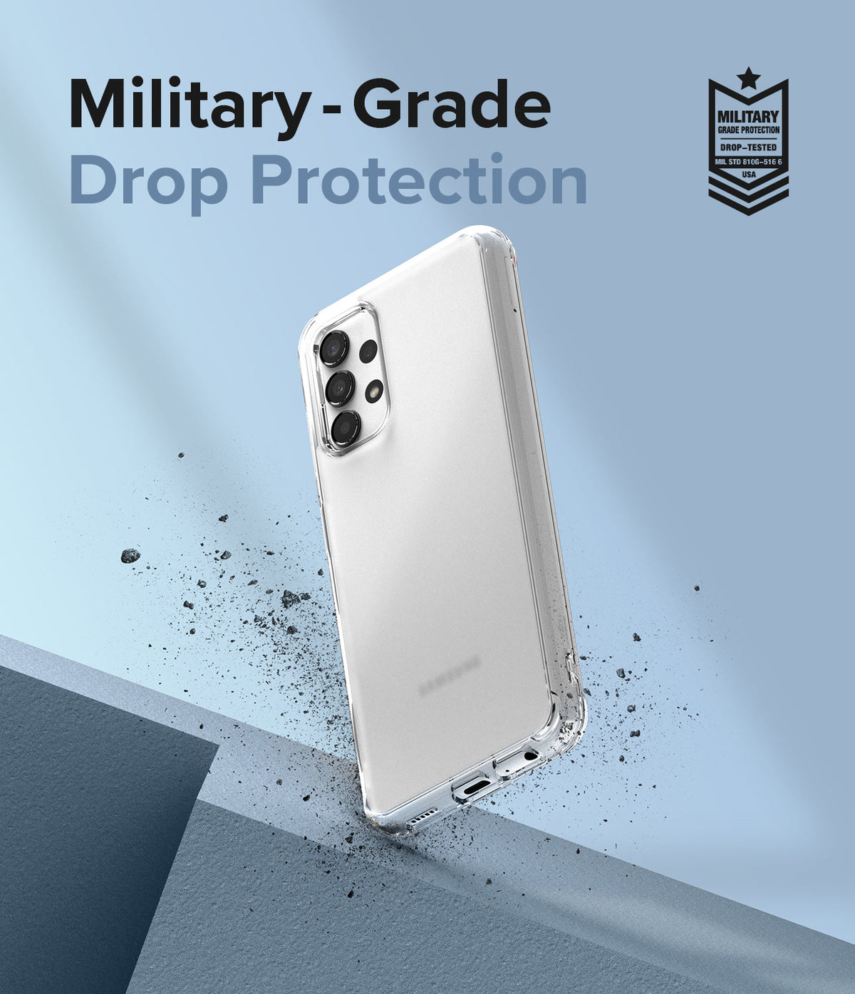 Galaxy A13 4G (LTE) Case | Fusion - Clear phone case on a blue background with military-grade drop protection text.