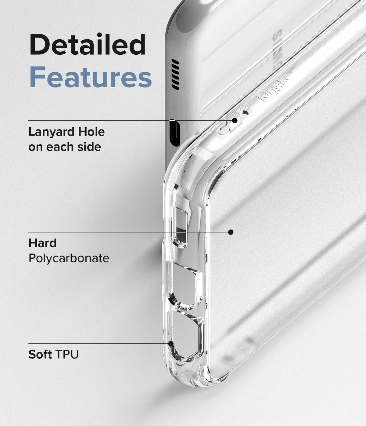 Galaxy A13 4G (LTE) Case | Fusion - Close-up of clear phone case highlighting lanyard holes, polycarbonate back, and TPU frame.
