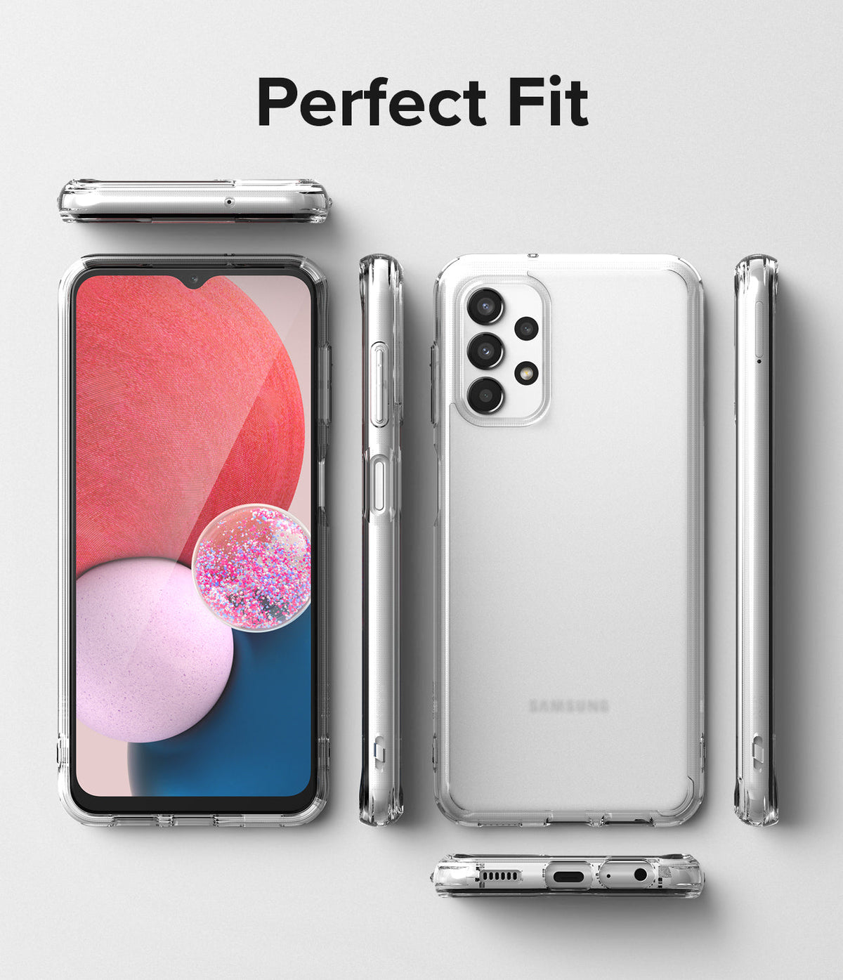 Galaxy A13 4G (LTE) Case | Fusion - Clear phone case shown from multiple angles around a Galaxy A13 smartphone.