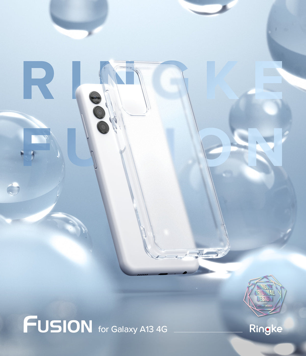 Galaxy A13 4G (LTE) Case | Fusion - Clear protective case floating above a white Galaxy A13 4G against blue bubbles.