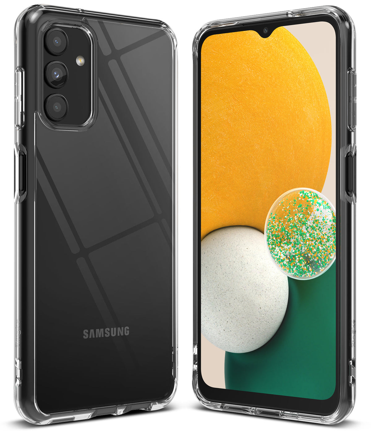 Galaxy A13 5G Case | Fusion - Clear protective phone case shown from front and back angles on a Galaxy A13 5G.