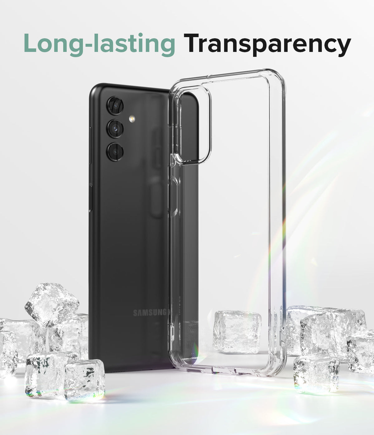 Galaxy A13 5G Case | Fusion - A black smartphone next to a clear protective case surrounded by ice cubes.