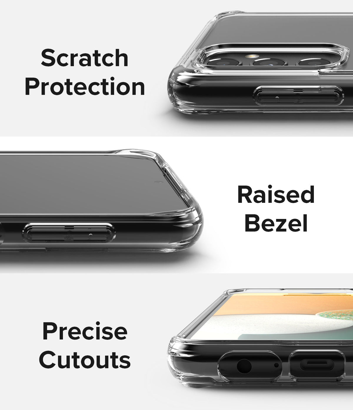 Galaxy A13 5G Case | Fusion - Close-ups showing scratch protection, raised bezels, and precise port cutouts on a clear case.