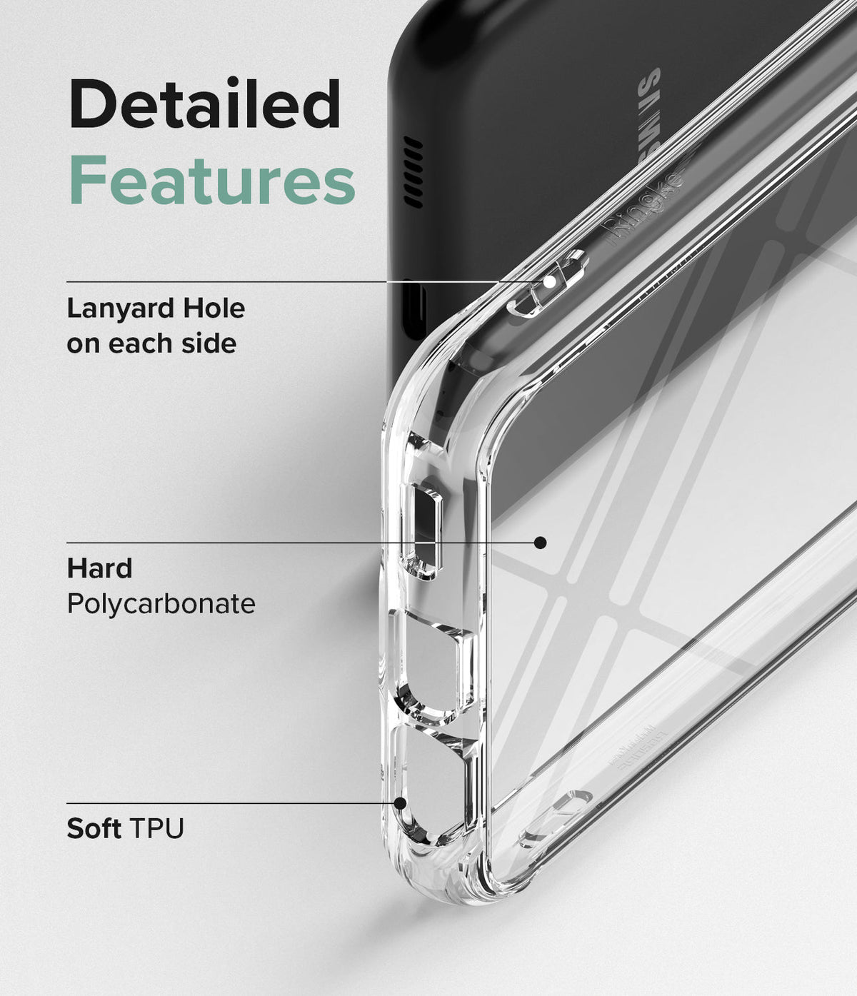 Galaxy A13 5G Case | Fusion - Clear phone case showing lanyard holes, hard polycarbonate back, and soft TPU frame features.