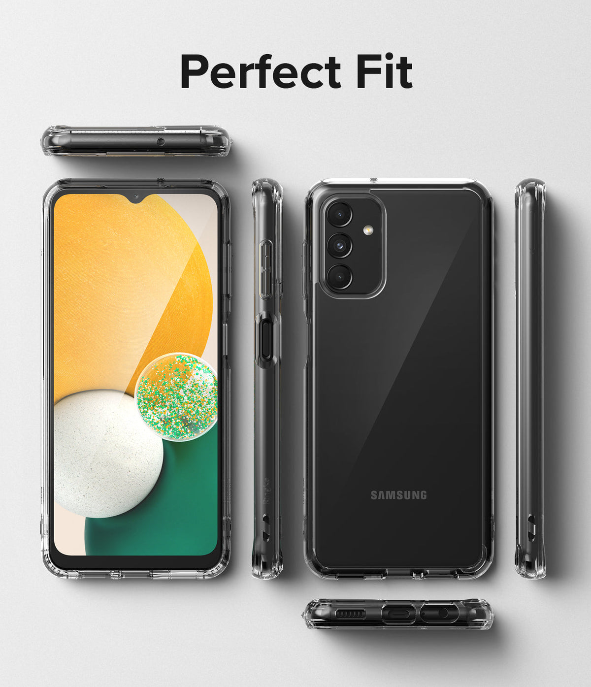 Galaxy A13 5G Case | Fusion - Multiple views of a clear phone case on a Galaxy A13 5G, showing front, back, and side profiles.