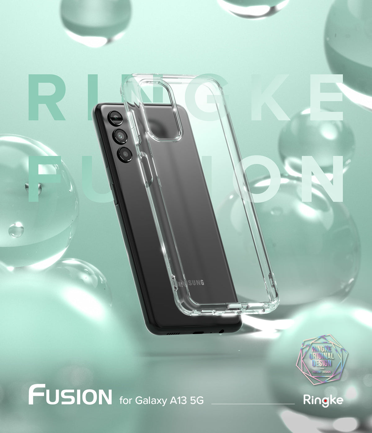 Galaxy A13 5G Case | Fusion - Clear protective phone case hovering over a black Samsung Galaxy A13 5G against a mint background.