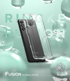 Galaxy A13 5G Case | Fusion - Clear protective phone case hovering over a black Samsung Galaxy A13 5G against a mint background.
