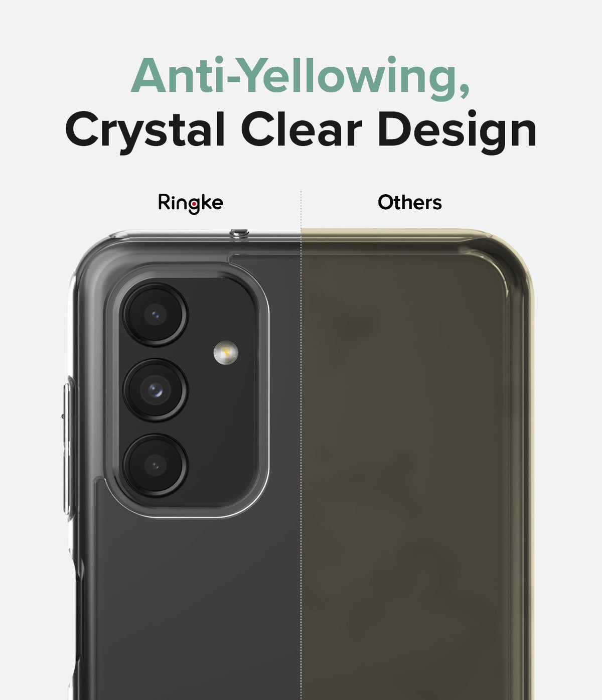 Galaxy A13 5G Case | Fusion - Comparison showing a clear Ringke case versus a yellowed competitor case on a phone.