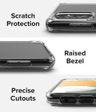 Galaxy A13 5G Case | Fusion - Three close-up views of a clear phone case highlighting scratch protection, raised bezels, and cutouts.