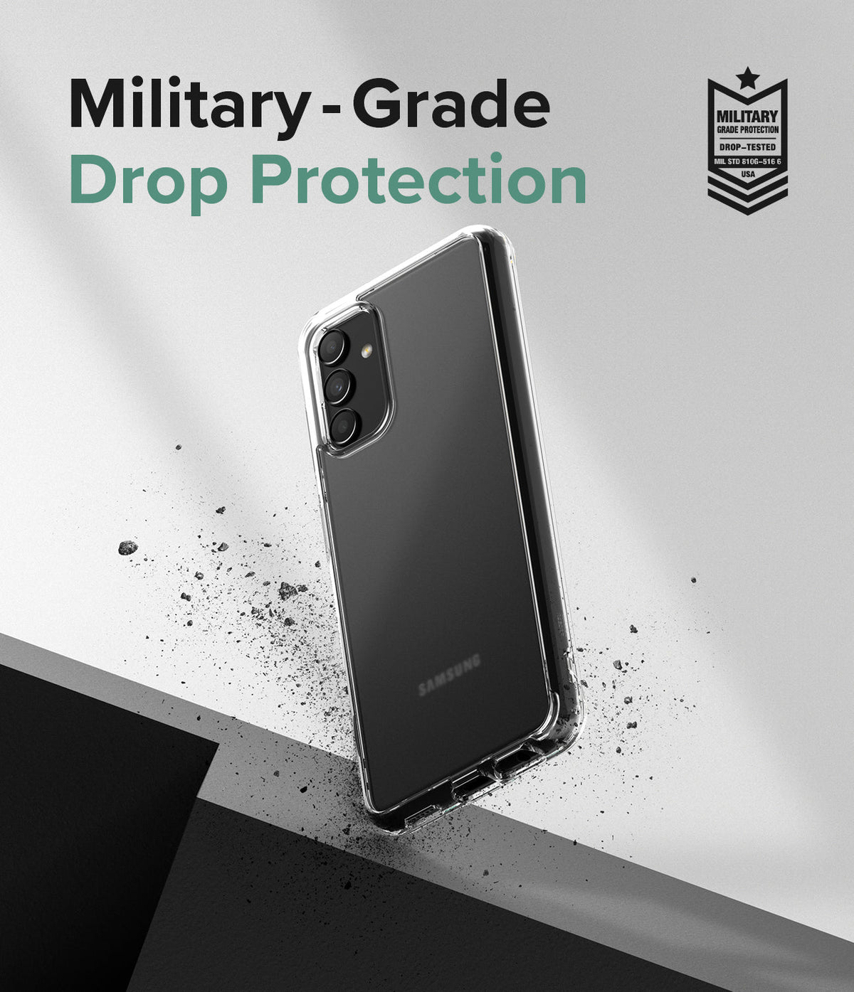 Galaxy A13 5G Case | Fusion - Clear phone case on a grey background with debris, highlighting military-grade drop protection.