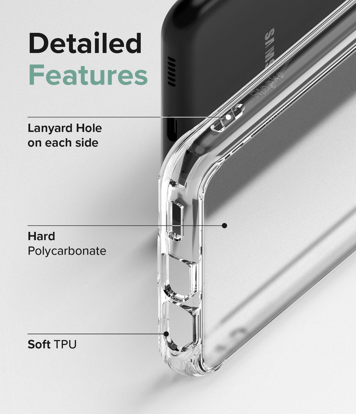 Galaxy A13 5G Case | Fusion - Close-up of phone case highlighting lanyard holes, hard polycarbonate back, and soft TPU frame.