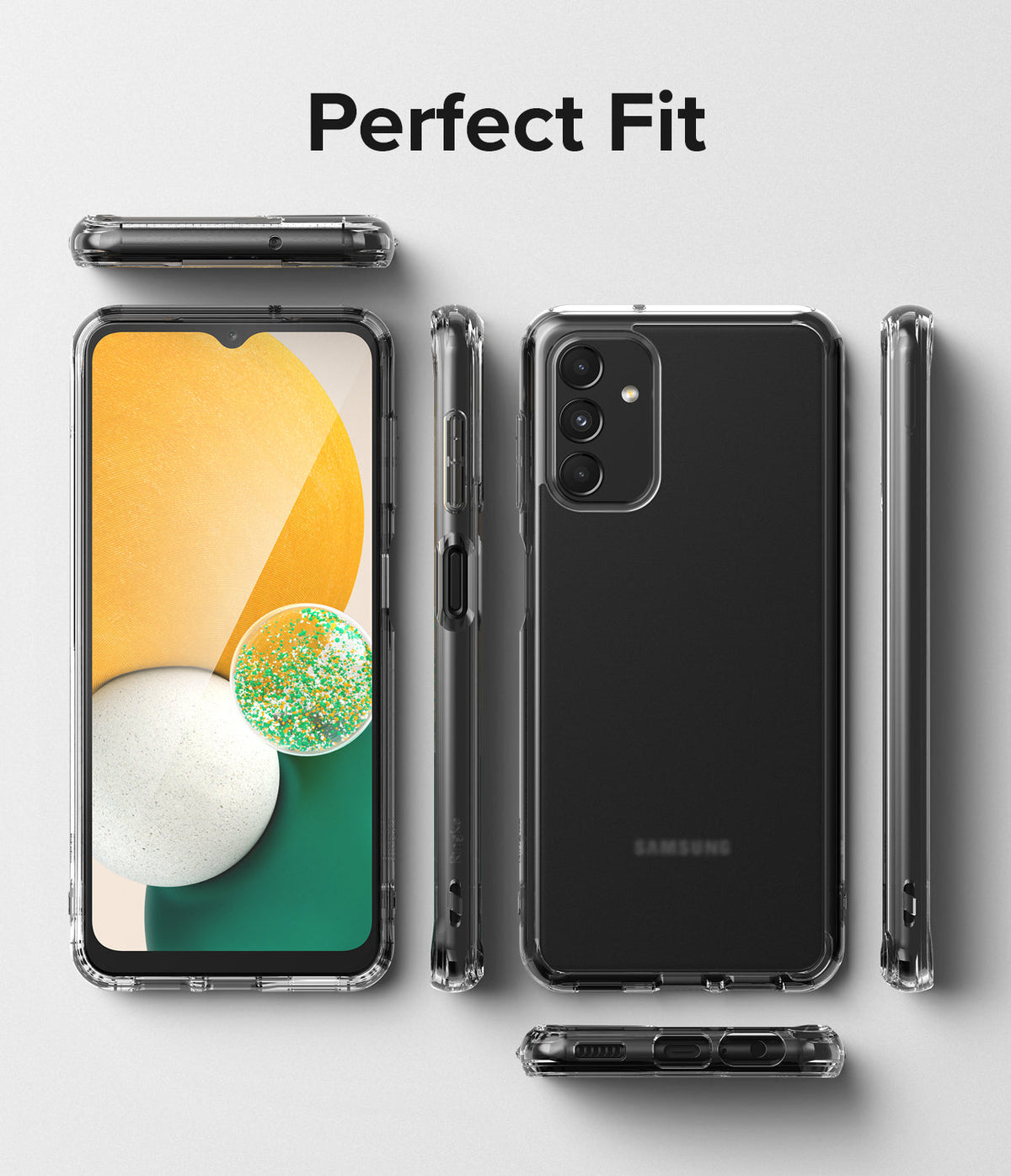 Galaxy A13 5G Case | Fusion - Clear protective case shown from multiple angles on a Samsung Galaxy A13 5G phone.