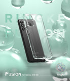 Galaxy A13 5G Case | Fusion - A clear phone case on a black Galaxy A13 5G against a mint green background with floating spheres.