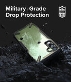 Galaxy A14 Case | Fusion-X - Black protective phone case on dark, rocky ground with military-grade drop protection text.