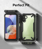 Galaxy A14 Case | Fusion-X - Multiple views of a black rugged phone case on a light green Samsung Galaxy A14.