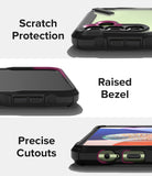 Galaxy A14 Case | Fusion-X - Three close-up views showing scratch protection, raised screen bezels, and precise port cutouts.