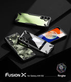 Galaxy A14 Case | Fusion-X - Three Galaxy A14 phones in black Fusion-X cases with clear, camo, and screen-up views on a dark surface.
