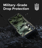 Galaxy A14 Case | Fusion-X - Camouflage phone case on dark, rocky terrain with military-grade drop protection text and badge.
