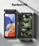 Galaxy A14 Case | Fusion-X - Multiple views of a Galaxy A14 with a black and green camouflage Fusion-X protective case.
