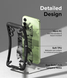 Galaxy A14 Case | Fusion-X - Exploded view of a black phone case showing hard PC, soft TPU, and lanyard hole features.
