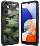 Galaxy A14 Case | Fusion-X - Front and back views of a black rugged phone case with a green camouflage pattern back.