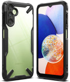 Galaxy A14 Case | Fusion-X - Samsung Galaxy A14 in a clear, rugged black Fusion-X case showing front and back views.