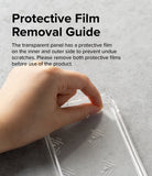 Galaxy A14 Case | Fusion - Hand peeling protective film off a clear phone case with instructional text above.