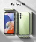 Galaxy A14 Case | Fusion - Clear phone case on a light green Samsung Galaxy A14 shown from front, back, and side angles.