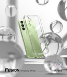 Galaxy A14 Case | Fusion - Clear protective case hovering over a light green Samsung Galaxy A14 5G amidst floating glass orbs.