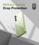 Galaxy A14 Case | Fusion - A clear phone case on a green Samsung Galaxy A14 with a military-grade drop protection badge.