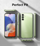 Galaxy A14 Case | Fusion - Clear protective case shown on a light green Samsung Galaxy A14 from multiple angles.