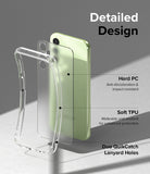 Galaxy A14 Case | Fusion - Exploded view of a clear phone case showing hard PC back, soft TPU frame, and lanyard holes.