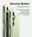 Galaxy A14 Case | Fusion - Close-up of a clear phone case on a light green Galaxy A14 highlighting precise side button cutouts.