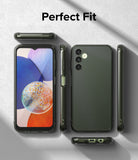 Galaxy A14 Case | Fusion - Multiple views of a matte olive green phone case on a Galaxy A14, showing front, back, and sides.