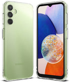 Galaxy A14 Case | Fusion - Clear protective case on a light green Samsung Galaxy A14 showing front and back views.
