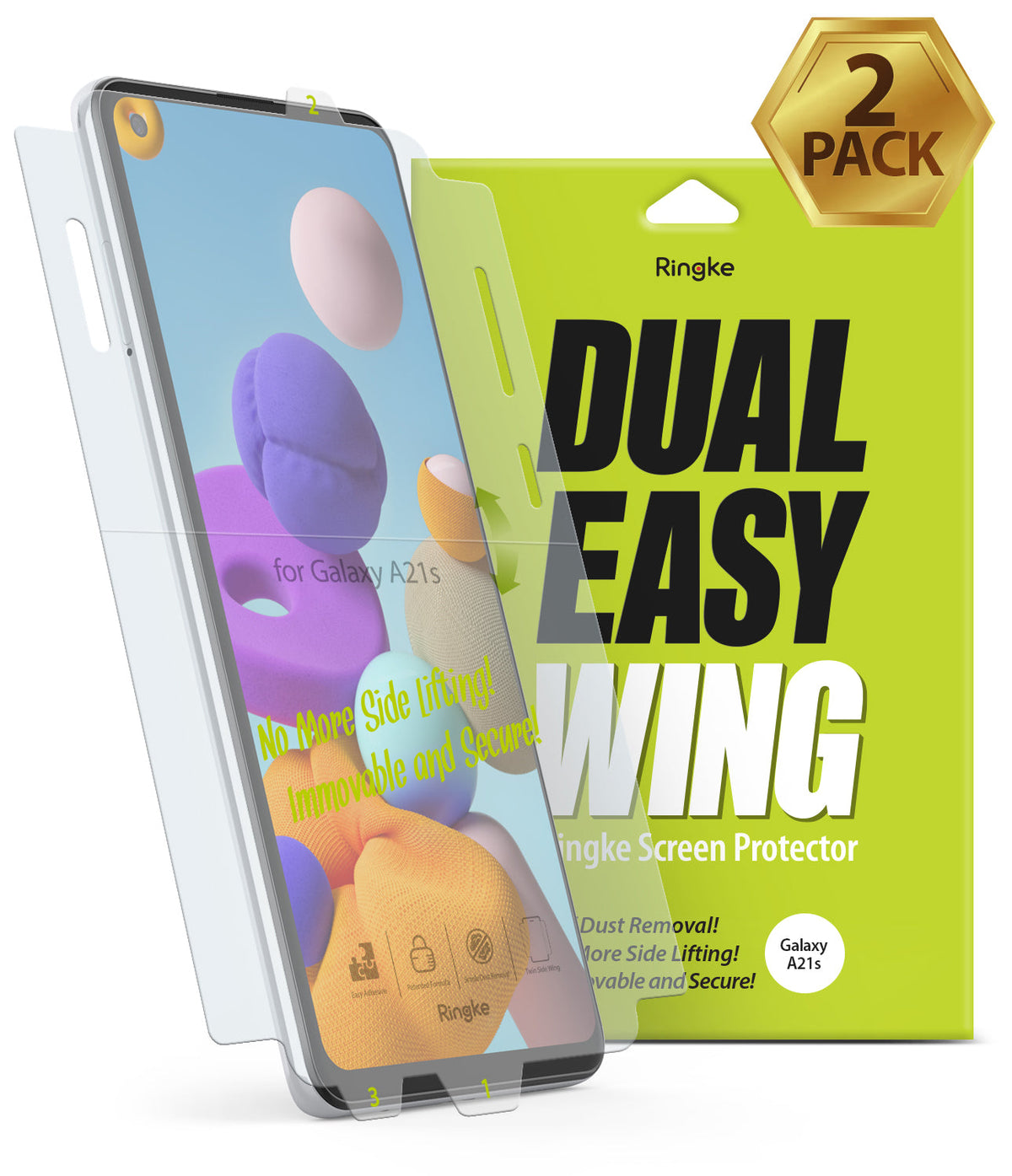 Galaxy A21s Screen Protector | Dual Easy Film - A Galaxy A21s phone with a screen protector being applied from packaging.