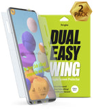 Galaxy A21s Screen Protector | Dual Easy Film - A Galaxy A21s phone with a screen protector being applied from packaging.