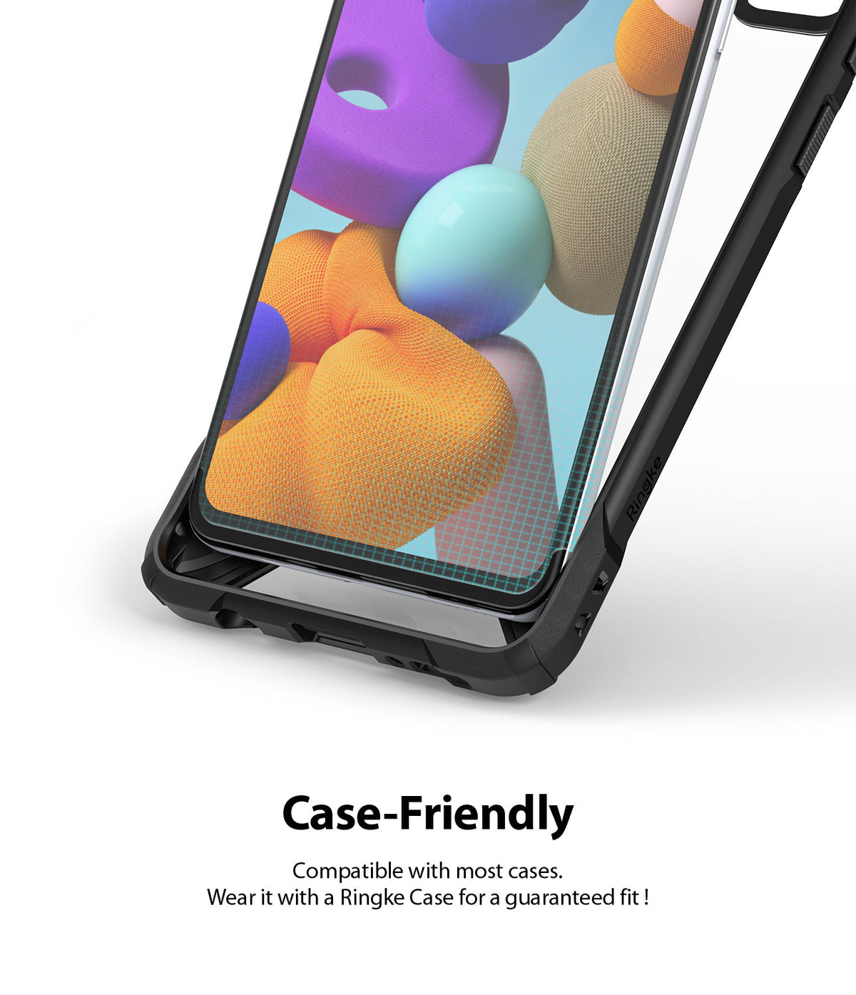 Galaxy A21s Screen Protector | Dual Easy Film - Smartphone with screen protector installed inside a black case.
