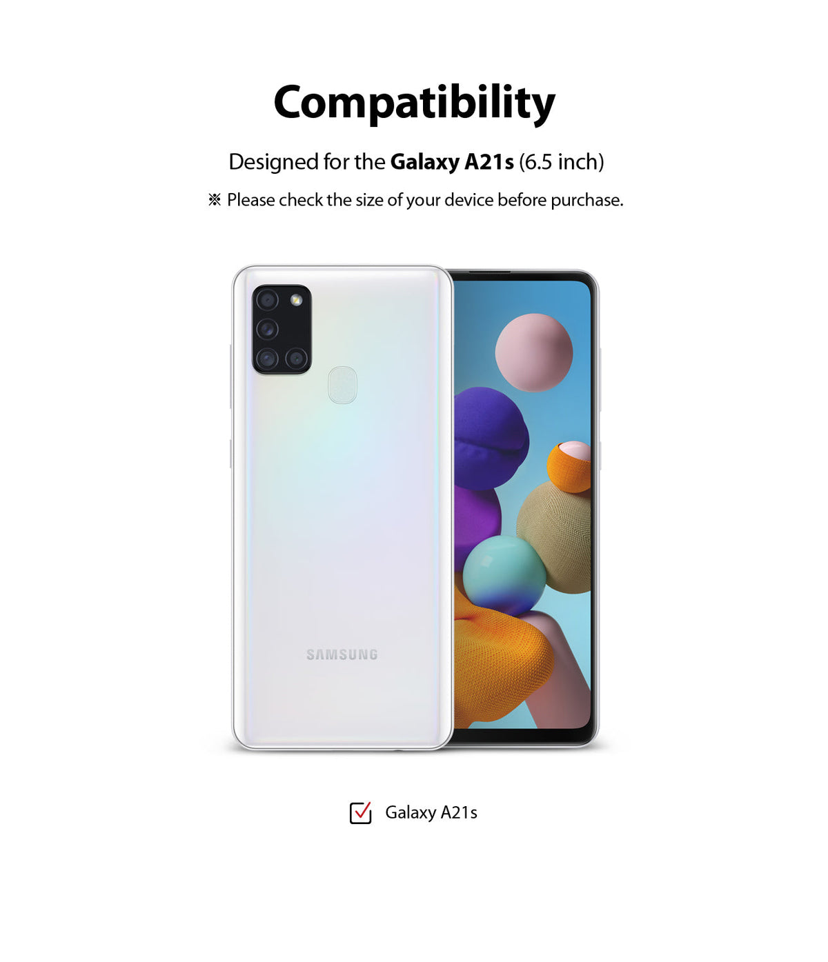 Galaxy A21s Screen Protector | Dual Easy Film - Compatibility graphic for a white Samsung Galaxy A21s smartphone.