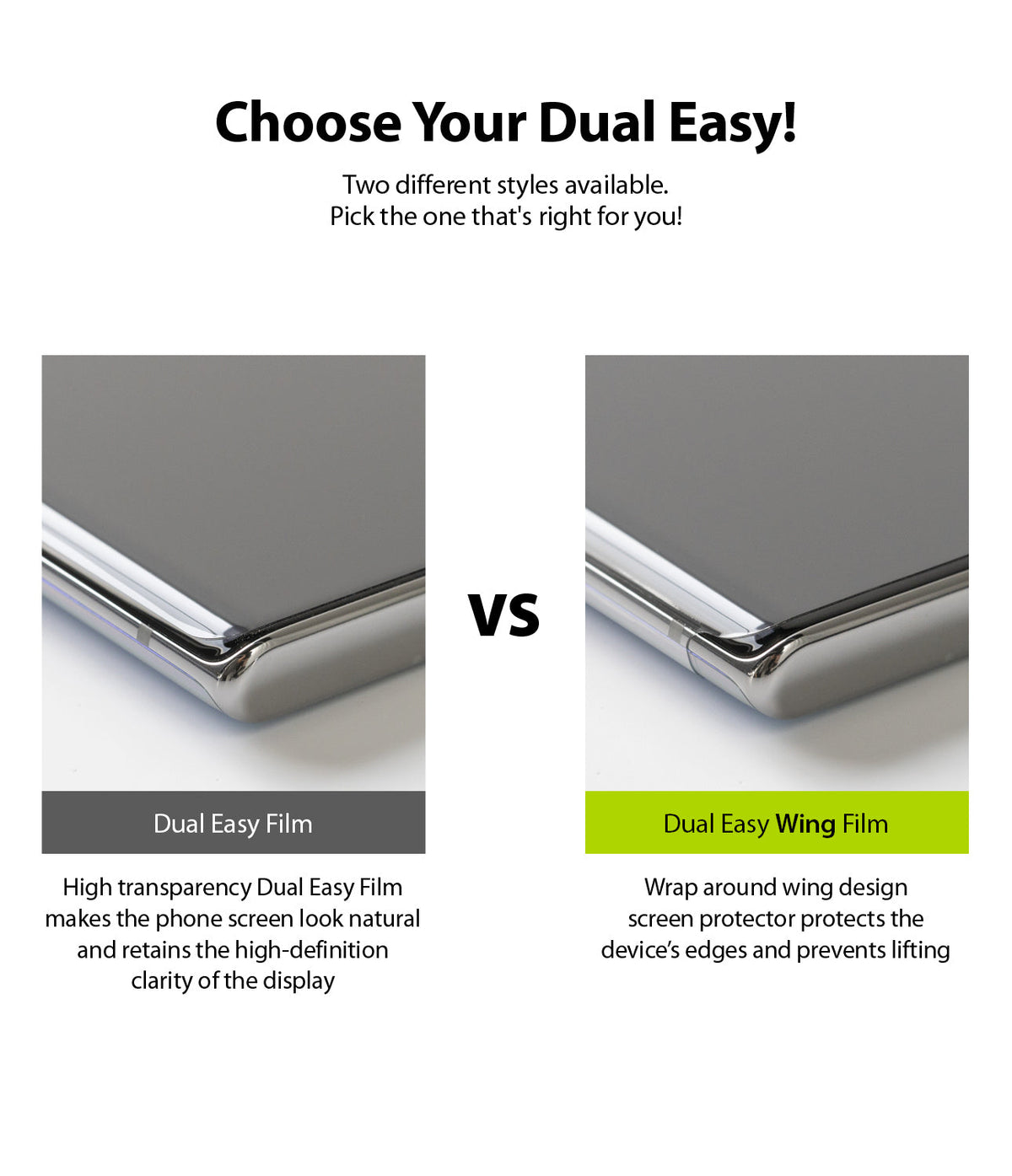 Galaxy A21s Screen Protector | Dual Easy Film - Comparison of standard Dual Easy Film and wrap-around Wing Film.