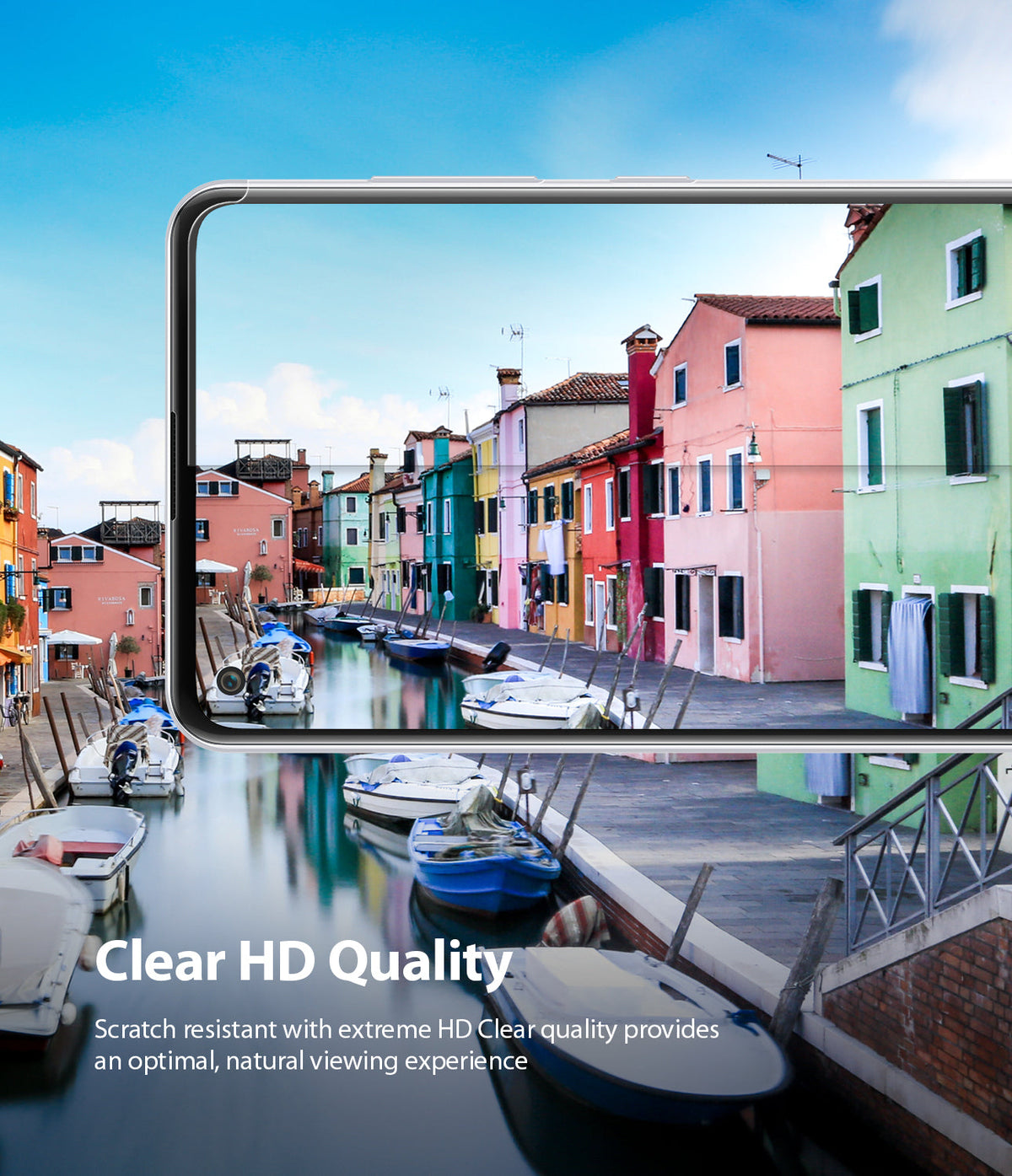 Galaxy A21s Screen Protector | Dual Easy Film - Galaxy A21s Screen Protector - Smartphone screen displaying a vibrant canal scene, demonstrating high-definition clarity.