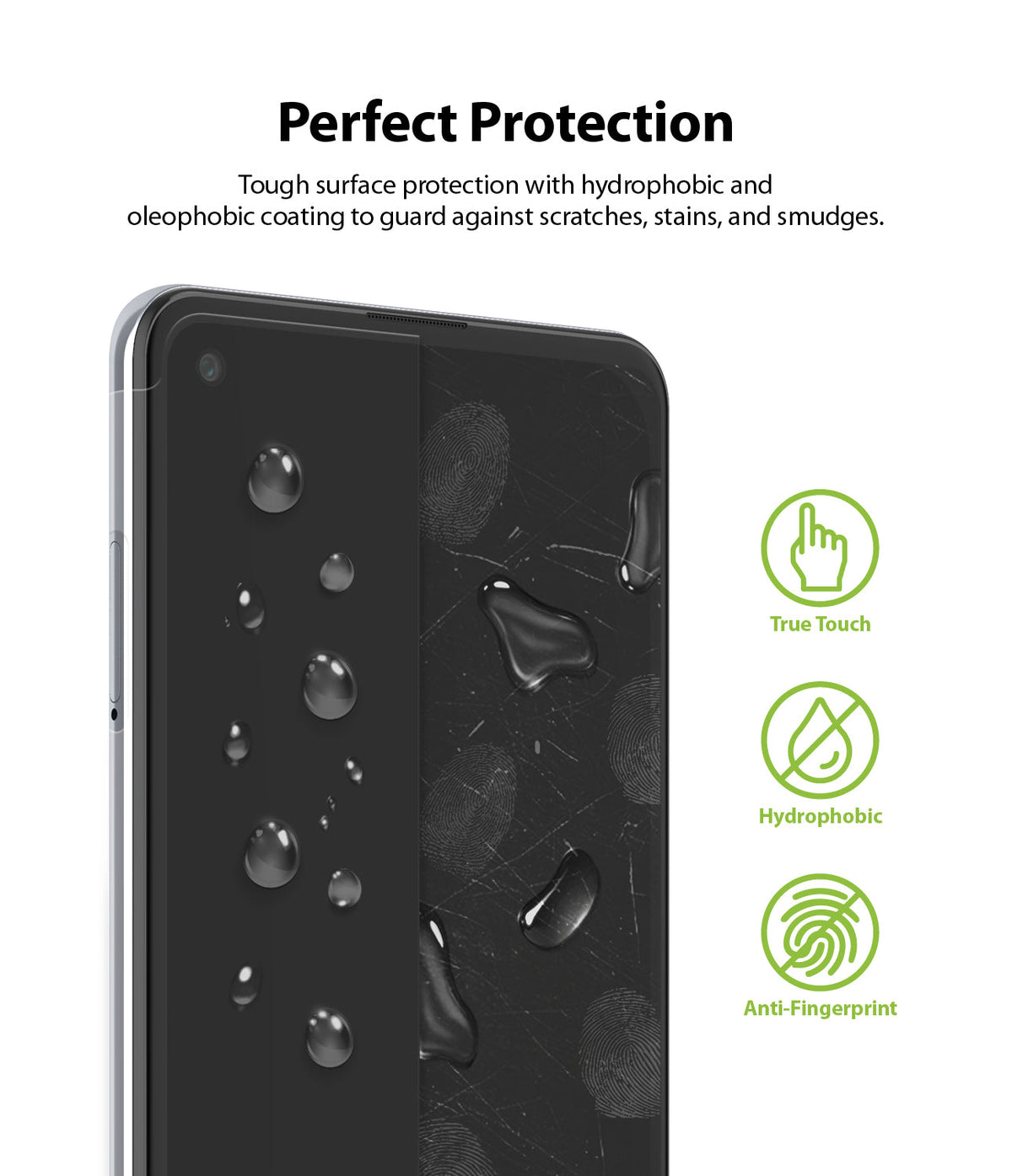 Galaxy A21s Screen Protector | Dual Easy Film - Galaxy A21s Screen Protector - Smartphone screen half-covered by film, showing water droplets and icons for touch, hydrophobic.