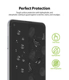 Galaxy A21s Screen Protector | Dual Easy Film - Galaxy A21s Screen Protector - Smartphone screen half-covered by film, showing water droplets and icons for touch, hydrophobic.